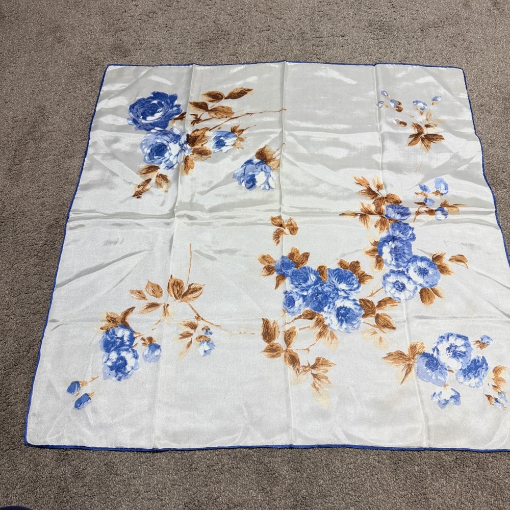 Vintage Blue Floral Rose White Satin Square Scarf Neckerchief 30x30